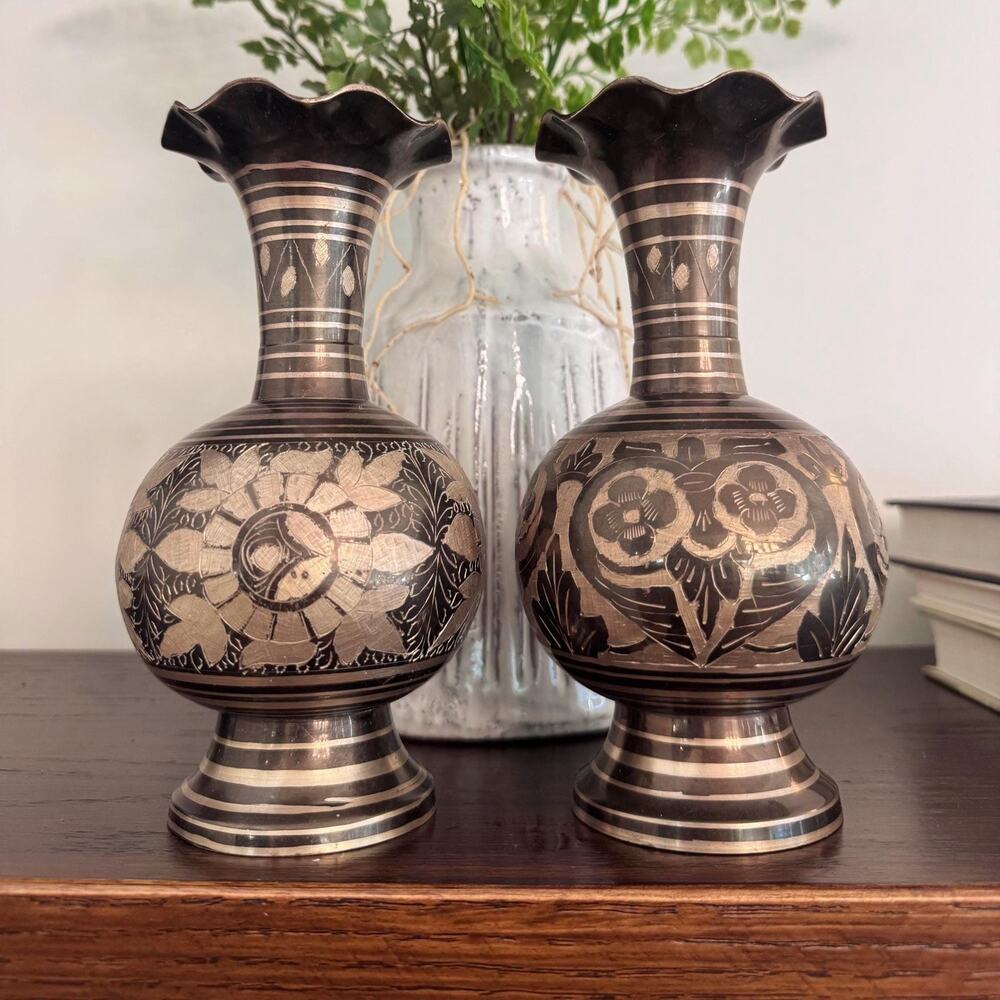 Vintage Pair Patina Etched Brass Fluted Scalloped Vases (2)